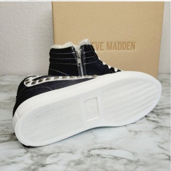 Steve Madden Tracey Leather Upper Faux Fur Studded Sneakers Booties Lace - Picture 5 of 5